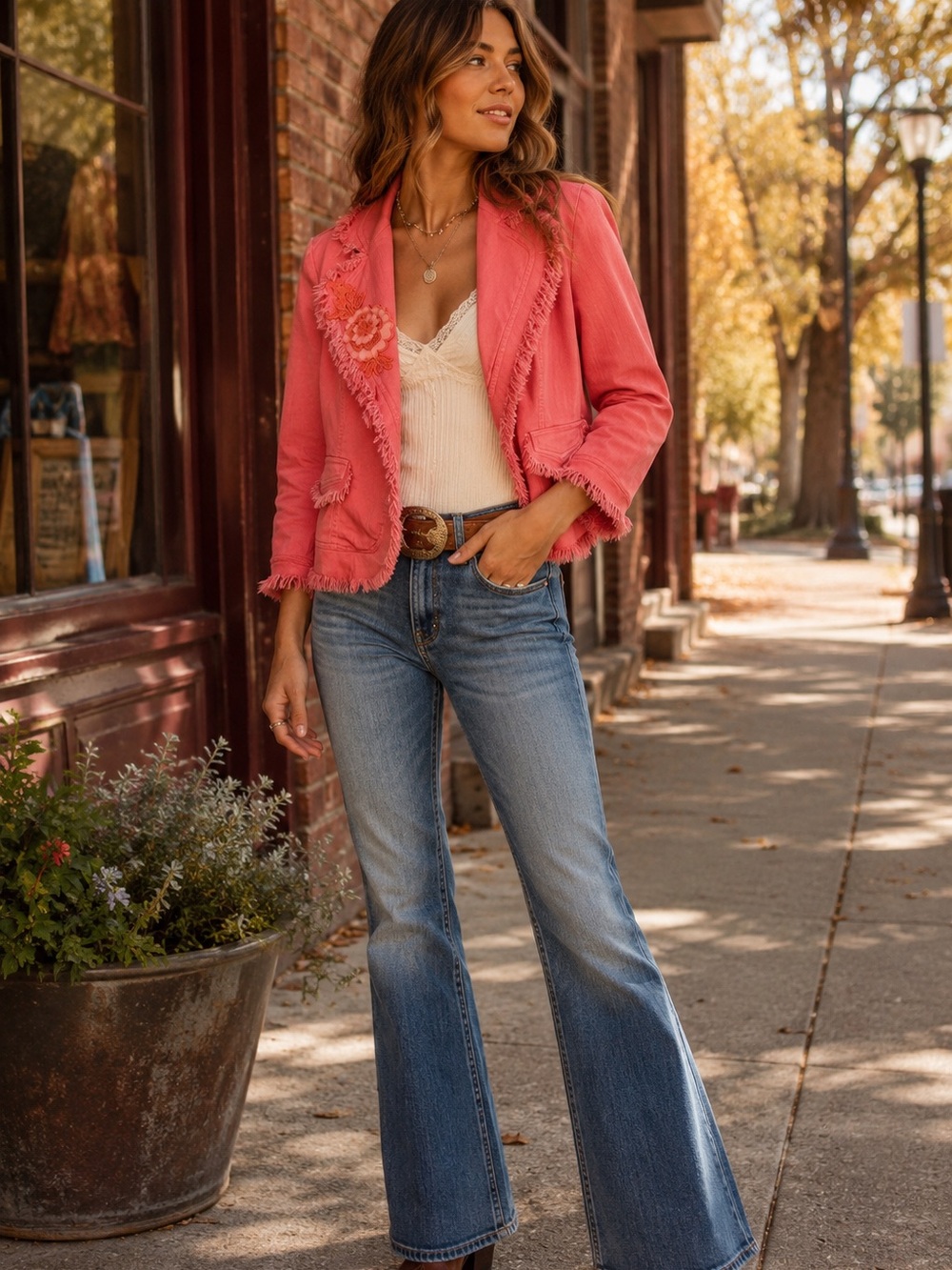 Wet Seal Y2K Coral Pink Fringed Floral Applique Boho Jacket Medium